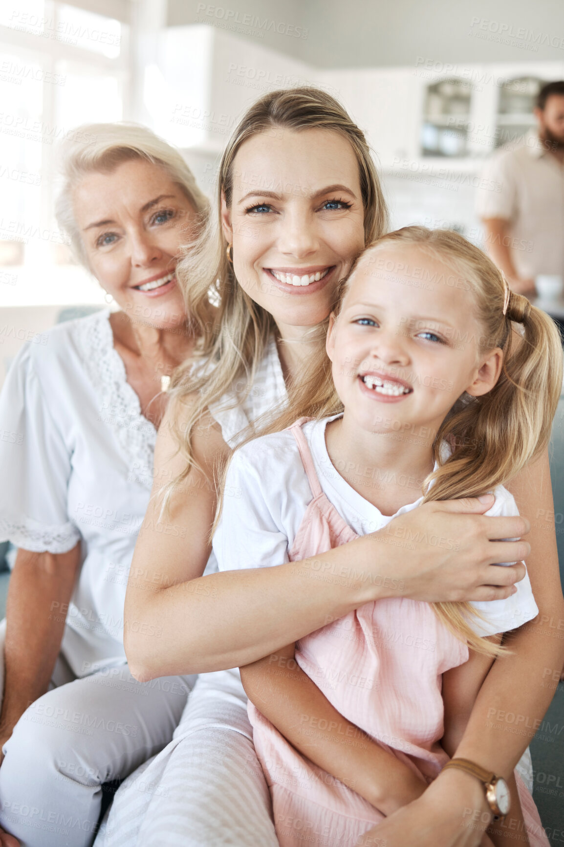 Buy stock photo Happy woman in family, home with grandmother and girl child portrait together on sofa in Dublin. Elderly grandma in lounge with women, mama in living room holding daughter and love on mothers day