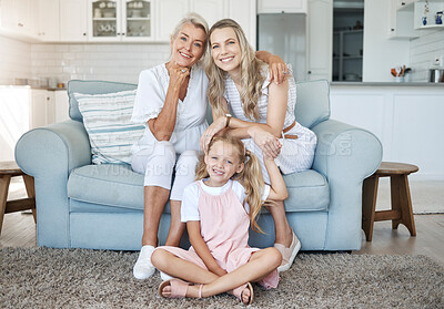 Buy stock photo Mom, child and grandmother portrait on sofa for female generations in happy family relaxing. Love, care and bond of  women relatives with smile at living room couch together at home in Canada.