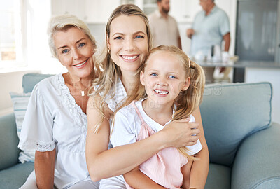 Buy stock photo Family, love and generations with a girl, mother and grandmother sitting on a living room sofa in the home together. Kids, visit and children with a woman, parent and daughter in a house for a visit