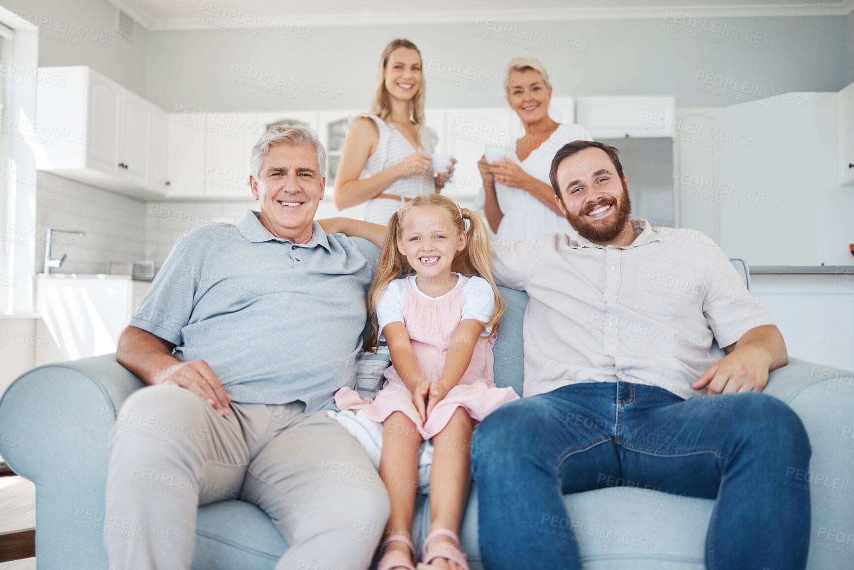 Buy stock photo Relax, smile and portrait of happy big family sitting on sofa in the living room of their home. Happiness, grandparents and parents with girl child from Canada resting and bonding with love in lounge