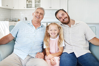 Buy stock photo Portrait in home, girl with dad and grandfather on living room sofa in Australia. Happy family with senior grandparent, smile together in lounge and elderly generation man relax on couch with child