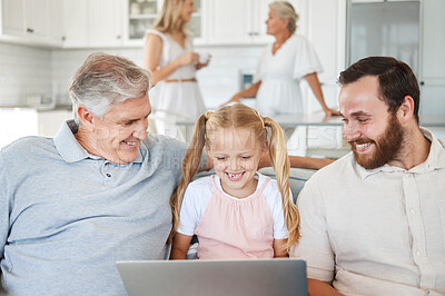 Buy stock photo Laptop, streaming and big family with funny video on the internet on the living room sofa of their house. Happy, smile and comic girl laughing at a meme with grandfather and dad on the web in home