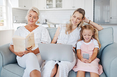 Buy stock photo Laptop, phone or book with grandmother on sofa enjoying reading leisure with family in cozy home. Relax, family home and living room activity in Australia with happy grandma, mom and child.


