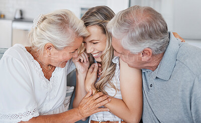 Buy stock photo Family, senior parents and adult daughter or woman at home during visit with her mother and father while laughing, happy and showing love and care. Smile of women and man together on the sofa to bond