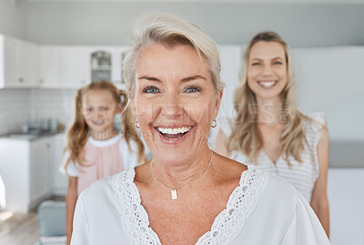 Buy stock photo Senior, retirement and family with a grandmother, woman and girl in their home together during a visit. Happy, smile and generations with an elderly female pensioner and her relatives in a house