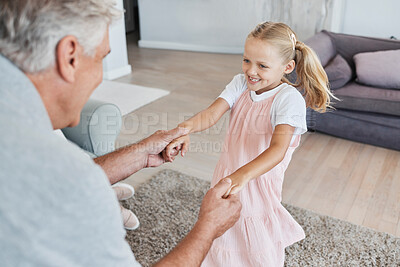 Buy stock photo Family love, grandfather and child, playing at family home and bonding together in living room. Senior man, young girl have fun and playful, swing and hand holding, happy in retirement and holiday.