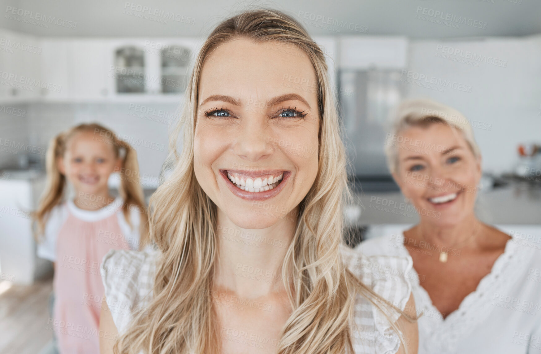 Buy stock photo Mom, happy and portrait of family with foreground in house with cheerful smile of single parent. Love, mother and joyful family home of women with young child and grandparent living together.

