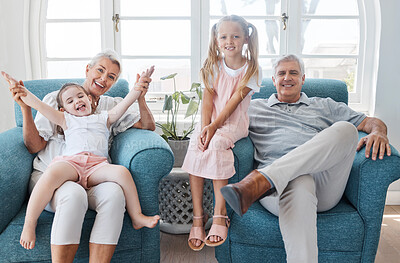 Buy stock photo Happy grandparents, children and smile in relax for family bonding time together in the living room at home. Portrait of grandma, grandpa and little girls smiling in playful happiness for free time
