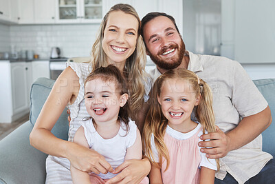 Buy stock photo Love, big family and portrait smile on sofa relax in happiness for bonding and time together in home. Happy parents, couch and girl children care in comfort and relaxing on living room in house