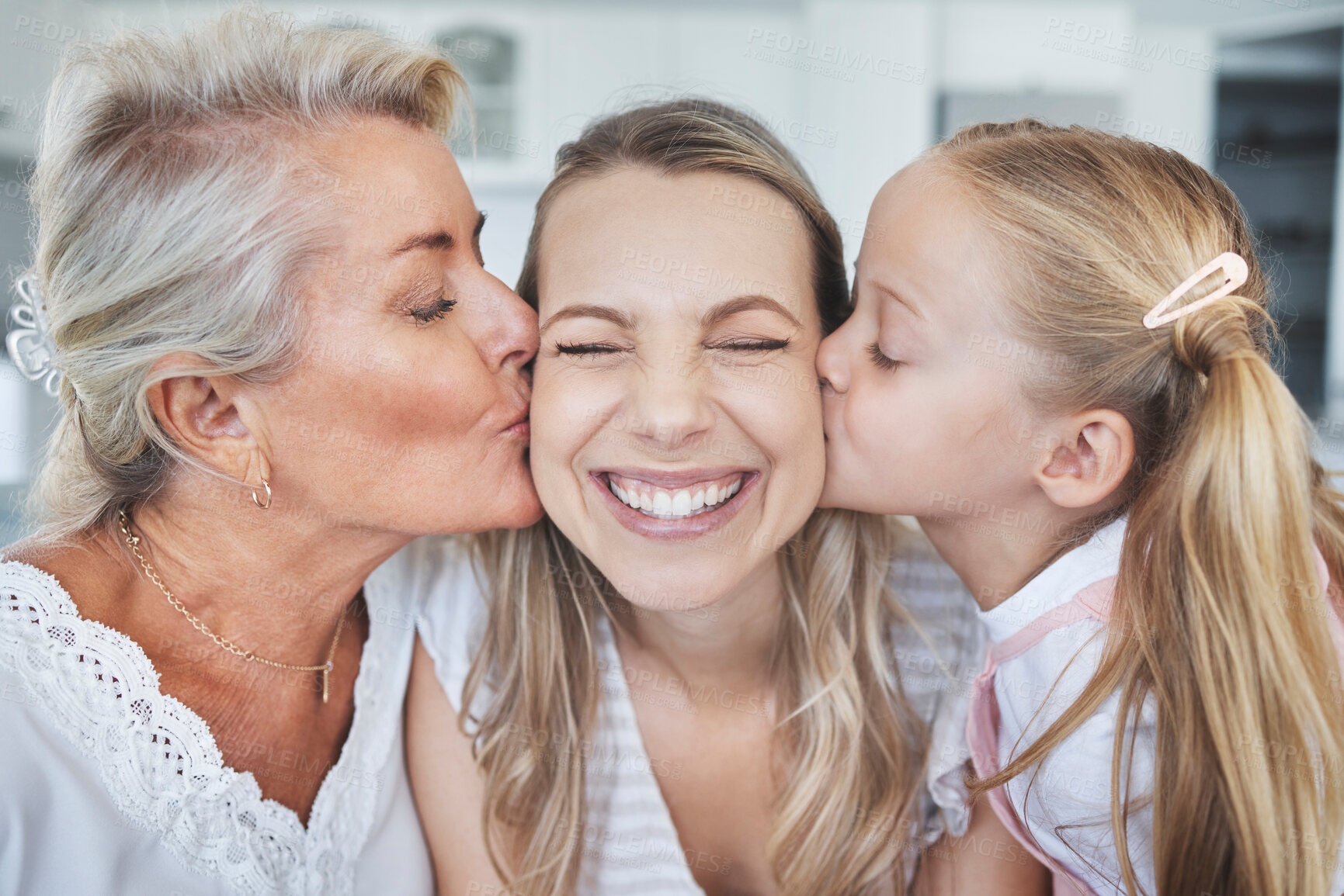 Buy stock photo Kiss, child and grandmother with love for mother on mothers day in the living room of their house. Girl and senior woman kissing mom with affection, care and smile to show gratitude in their home