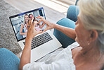 Happy family, heart and grandma on a video call via laptop internet connection loves talking to kid and grandchildren. Online, grandmother and parents with kids enjoying a virtual conversation in USA