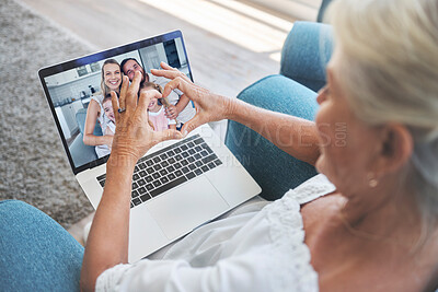 Buy stock photo Happy family, heart and grandma on a video call via laptop internet connection loves talking to kid and grandchildren. Online, grandmother and parents with kids enjoying a virtual conversation in USA