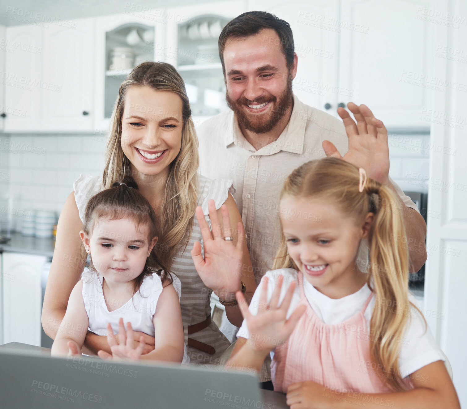 Buy stock photo Love, family and video call on laptop with contact for online communication with wave. Woman, man and girl kids on internet chat with smile, happy and virtual conversation in the kitchen in home

