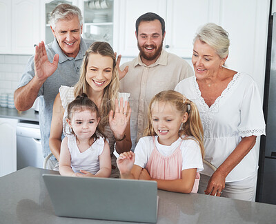 Buy stock photo Wave, children and happy family on laptop video call for communication, conversation or relax in home kitchen. Mom, dad and grandparents or big family hello on video conference chat or online contact