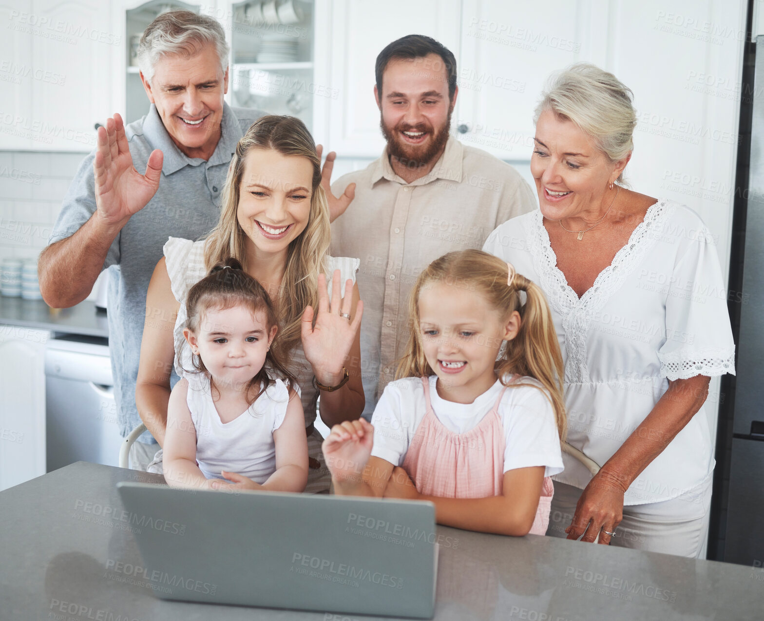 Buy stock photo Wave, children and happy family on laptop video call for communication, conversation or relax in home kitchen. Mom, dad and grandparents or big family hello on video conference chat or online contact
