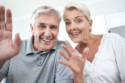 Buy stock photo Senior couple, wave and home video call, talking or speaking or discussion. Retirement, happy elderly man and woman greeting on online, web or internet video conference in house together with smile