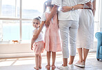 Women, children and generations, rear view at window, back legs and toddler girl looking with smile. Love, support and happy family together in holiday home in Sydney, Australia on first vacation day