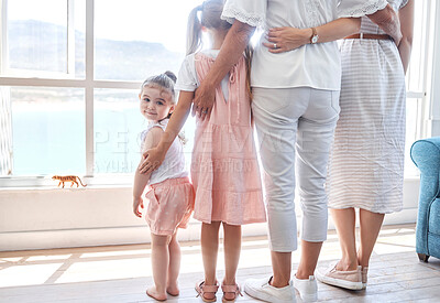 Buy stock photo Women, children and generations, rear view at window, back legs and toddler girl looking with smile. Love, support and happy family together in holiday home in Sydney, Australia on first vacation day