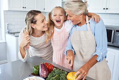 Buy stock photo Mother, grandma and child cooking as as happy family in a house kitchen with organic vegetables for dinner. Grandmother, mom and young girl laughing, bonding and helping with healthy vegan food diet