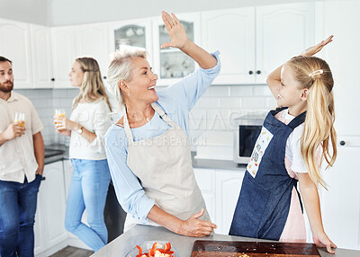 Buy stock photo High five, kitchen and cooking family or grandmother and child for success, learning achievement or home food health goal. Celebrate sign with senior woman and girl kid for support or help with lunch