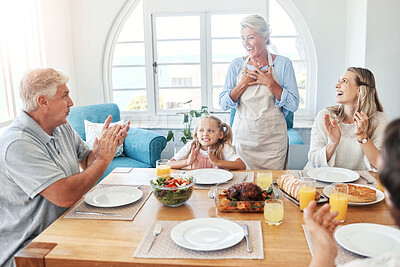 Buy stock photo Big family, food celebration and child with parents and grandparents clapping hands for applause of holiday or birthday at home dining table. Happy senior man and woman, people and kid before eating