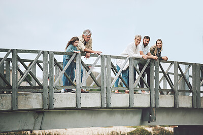 Buy stock photo Big family, bridge and happy travel, vacation or holiday trip together outdoors. Family, generations and mom, dad and girl, grandma and grandpa spending time together, love and bonding in Canada.

