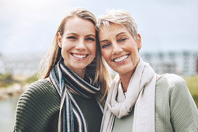 Buy stock photo Happy, mother and daughter with smile in nature together in the city of Australia. Face portrait of a young woman with a senior person in the city or park together with love and to relax in happiness
