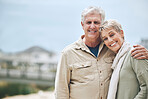 Retirement, love and portrait of couple in park for happy, marriage and relationship bonding together. Smile, wellness and hug with old man and woman in outdoor for health, care and family lifestyle