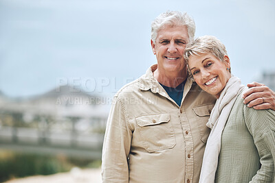 Buy stock photo Retirement, love and portrait of couple in park for happy, marriage and relationship bonding together. Smile, wellness and hug with old man and woman in outdoor for health, care and family lifestyle