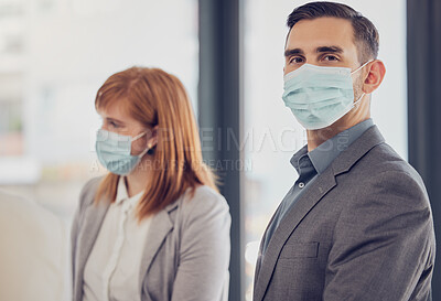 Buy stock photo Covid, face mask and business people in office meeting after lockdown in safe, clean and healthy workplace. Leadership man portrait with vision for positive future with protection against coronavirus