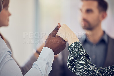 Buy stock photo Diversity, holding hands and business people in team building for support, prayer or commitment. Corporate group employee or worker with solidarity hand sign for workplace therapy, teamwork and trust