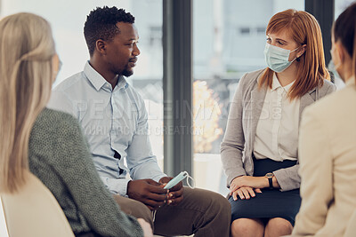 Buy stock photo Covid, corporate and employees in a meeting for business, networking and collaboration in office at work. Team of workers, business people and staff talking with face mask at a professional company