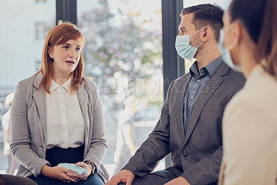 Buy stock photo Covid compliance, business people and office meeting with leader, manager or coach talking in safe, clean and healthy workplace. Corporate women and man sitting for planning, strategy and development