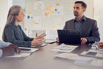 Buy stock photo Strategy, discussion and business people meeting in office talking, brainstorming and ideas for marketing. Teamwork, businessman and woman in workplace working with laptop, sticky notes and graphs