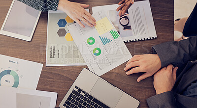 Buy stock photo Top view, hands or laptop with chart documents, infographic research or startup proposal budget. Business people, technology or data analysis paper of company finance or creative marketing accounting
