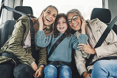 Buy stock photo Road trip, family and travel with child, mother and grandma feeling happy, traveling together in back seat of car for fun. Women and girl kid using transportation and enjoy Australia journey