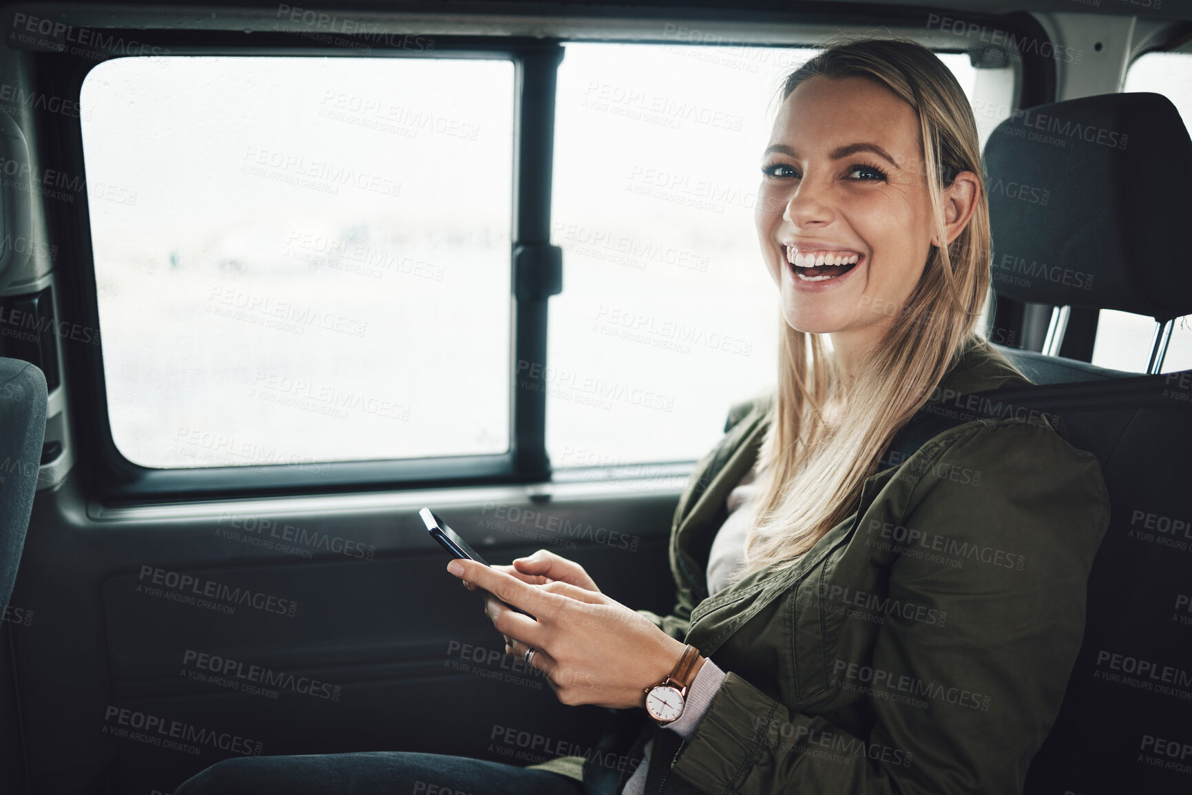 Buy stock photo Woman, road trip and phone for location, gps and map of summer vacation holiday direction. Portrait, smile or happy tourist in car for adventure travel with 5g mobile technology for fun internet game