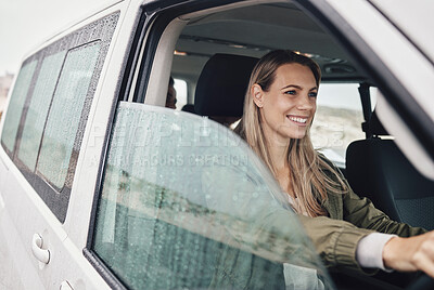 Buy stock photo Travel, driver and woman in a modern campervan in Mexico, smile and relax while driving through the countryside. Transport, happy and lady enjoying a solo trip, excited and enjoying independence 