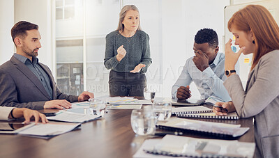 Buy stock photo People meeting in office, conflict problem by angry manager or employee performance review in New York. Deadline stress in business, warning group of mistake risk or company policy crisis discussion