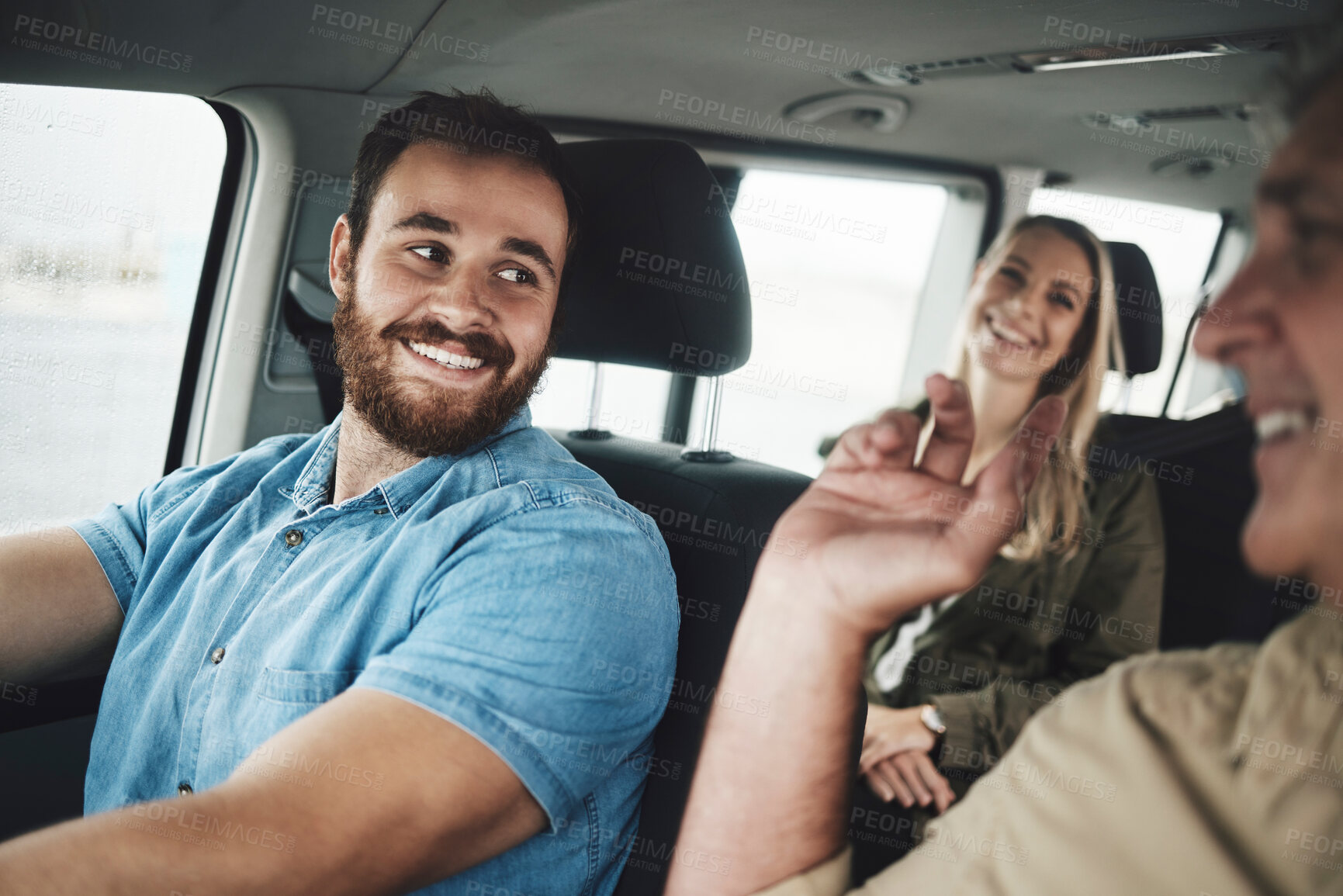 Buy stock photo Happy man driving car, travel on road trip for family vacation in Dublin and journey on countryside highway. Group transport together, friends summer adventure and vehicle driver smile at father