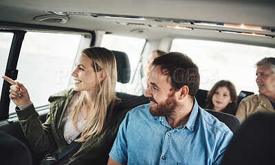 Travel, car and big family on road trip journey together with children and grandparents for transportation, adventure and holiday. Happy, excited people with kids in van transportation driving mockup