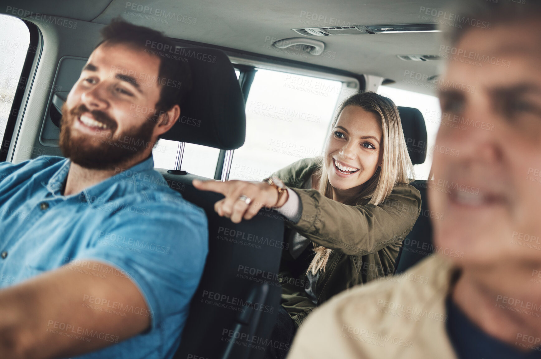 Buy stock photo Car road trip, travel and happy family pointing to destination of holiday adventure, transportation journey or driving vacation site. Love, auto SUV van and driver with group of people on Canada tour