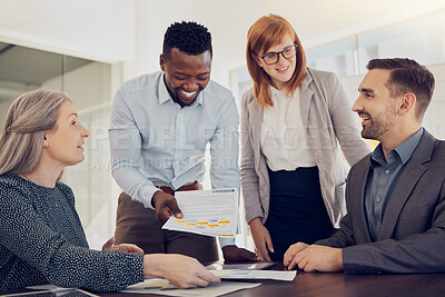 Buy stock photo Diversity, team and in meeting for group project, planning and strategy together at desk for brainstorming in office. Teamwork, business or conversation for startup company, conversation or workspace