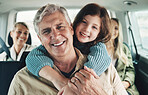 Child, happy grandfather and road trip in car for family travel with smile in motor transportation. Trip, love and relax traveling drive experience of man and girl kid together on holiday journey