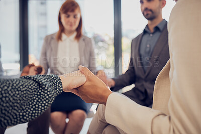Buy stock photo Hands, support and trust with a business team in a meeting, praying for future growth and success in the company. Motivation, partnership and community with an employee group sitting in solidarity