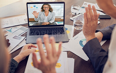Buy stock photo Video conference, marketing and employees wave in a meeting on a laptop with paper, report and documents. Corporate workers greeting, talking and happy in collaboration with data on a webinar