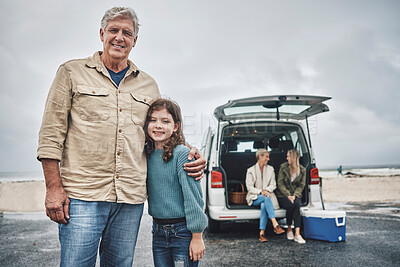 Buy stock photo Big family, grandfather and girl on beach road trip, holiday or vacation. Happy family portrait, love and van trip outdoors, having fun and spending time together, talking or bonding, care or support
