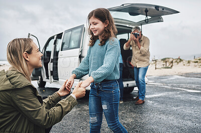 Buy stock photo Road trip, travel and family photography for holiday memory of mother and child bonding together with suv van transportation. Happy woman mom, kid and senior taking picture on camera on journey break