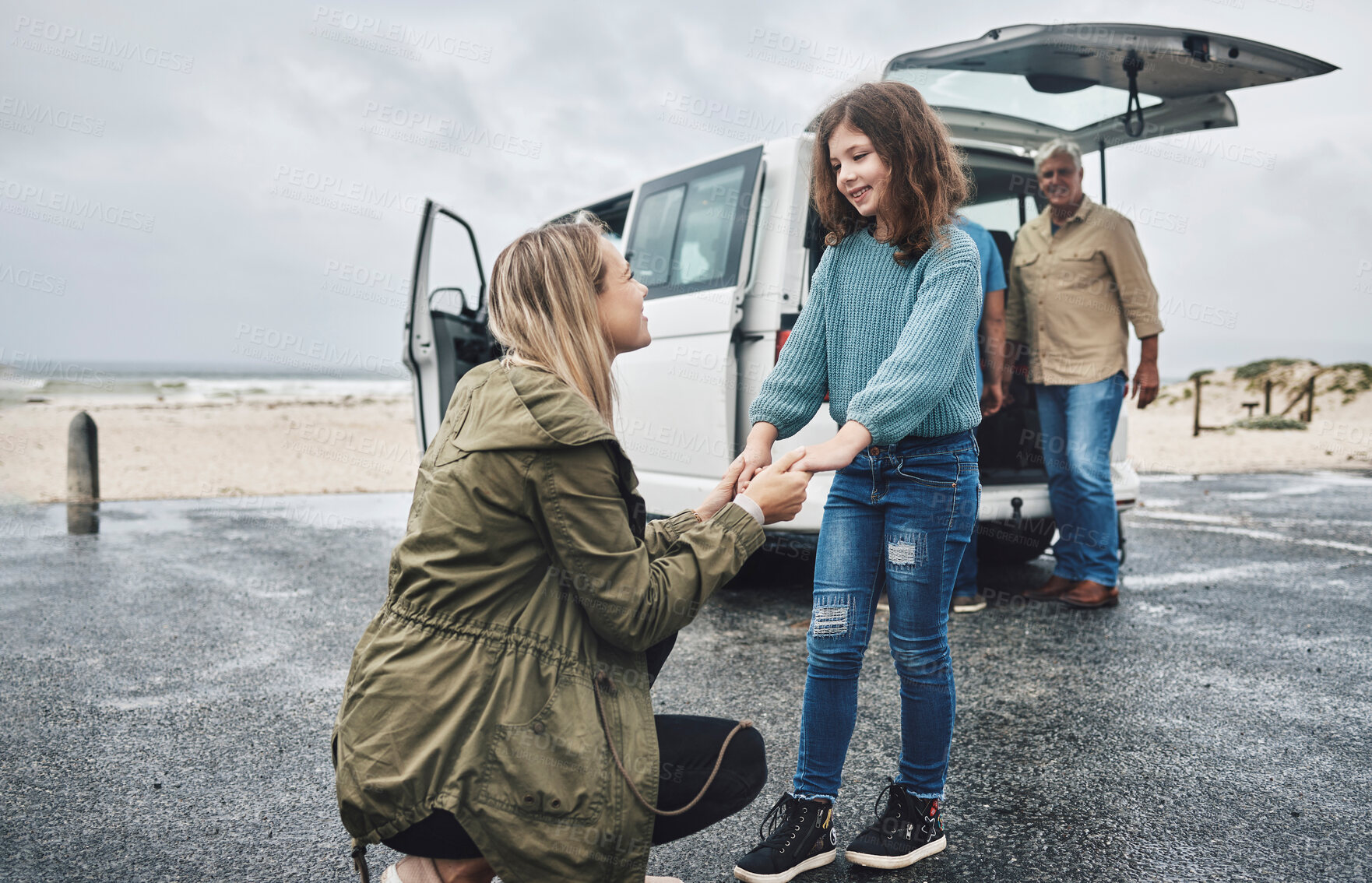 Buy stock photo Family, beach and mom and child hold hands on road trip bonding travel vacation summer break. Smiling mother, love and happy young girl freedom together in nature by the ocean on holiday
