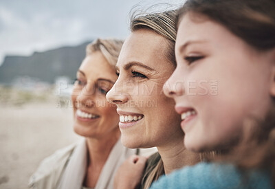 Buy stock photo Happy family, travel and girl, mother and grandma bonding on a beach in mexico, happy and relax while smiling on vacation. Love, family and generations with face of ladies enjoy ocean view together